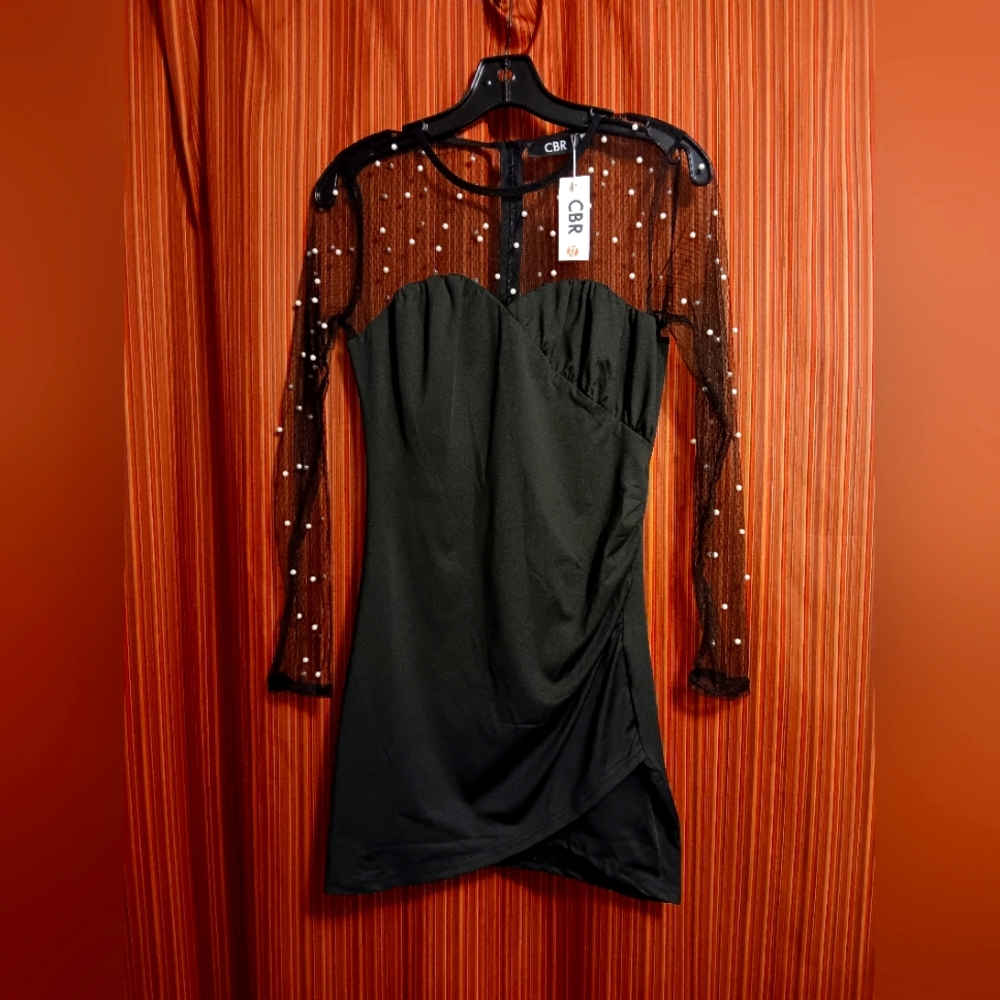 Black mini dress with mesh chest/sleeves with pearls.